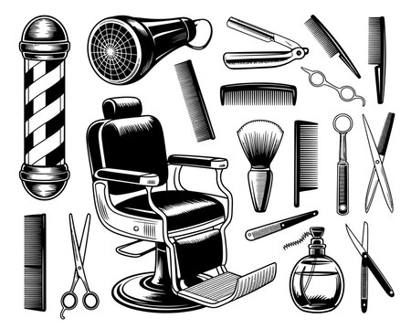 Vintage barber shop tools and chair illustration - Powered by Adobe