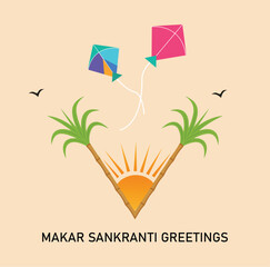 Makar Sankranti illustration with colorful kites birds sugarcane stalks and rising sun festive harvest festival greetings background design