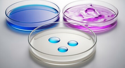 Three petri dishes displaying different colored liquids and droplets, suggesting chemical or biological laboratory testing and analysis Background image