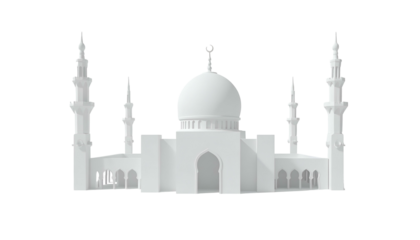 A white, symmetrical mosque with multiple minarets, a central dome, and arched entryways