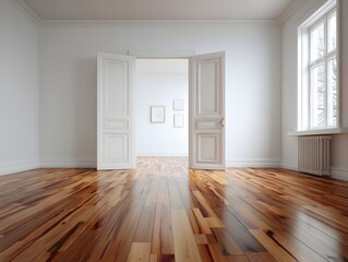Obraz premium Bright empty room wooden floor blank wall ideal for furniture visualization soft light
