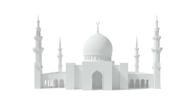 A white, symmetrical mosque with multiple minarets, a central dome, and arched entryways