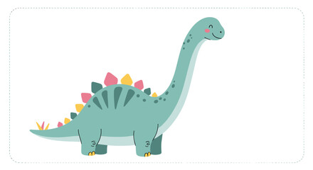 Fototapeta premium Adorable cartoon stegosaurus with vibrant colorful plates on its back enclosed within a cute rounded dashed border.