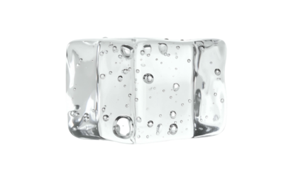 Isolated, translucent ice cube with bubbles and rounded edges against a black background