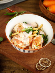 Fresh Raw Shrimp and Fries Asian Meal with Green Onions