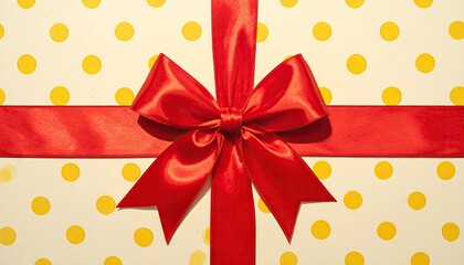 Red satin ribbon tied in a festive bow on a gift box with yellow polka dots.