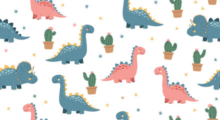 Playful seamless pattern featuring cute cartoon pink and blue dinosaurs interspersed with potted cactuses and tiny stars.