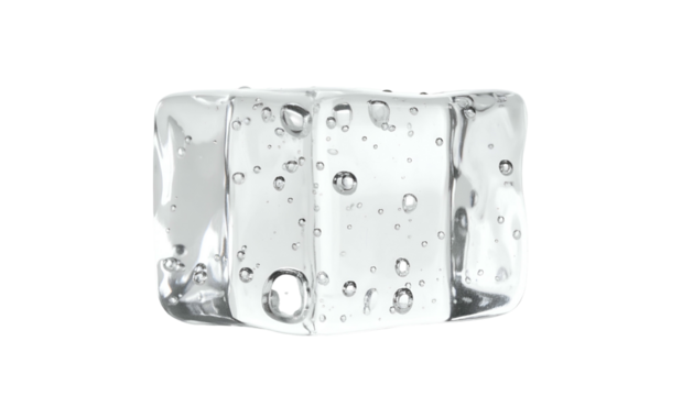 Isolated, translucent ice cube with bubbles and rounded edges against a black background