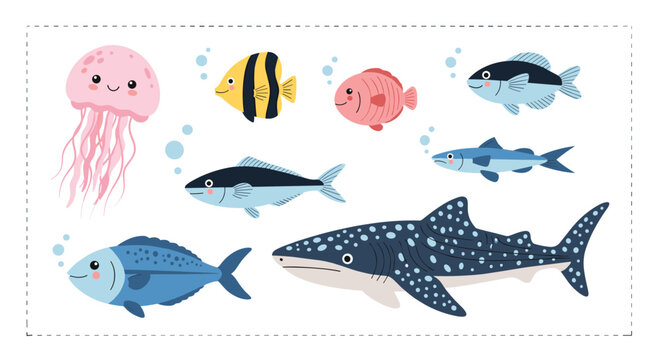 Adorable collection of cartoon underwater sea creatures including a happy jellyfish colorful fish and a large whale shark in a vibrant ocean environment.