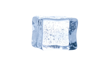 A single, translucent ice cube with air bubbles, isolated against a black background