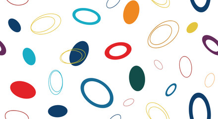 Dynamic seamless pattern featuring an array of colorful abstract ellipses and circles floating on a clean white background.