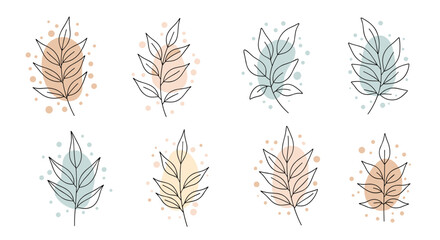 Fototapeta premium Diverse set of eight minimalist outline leafy branches with delicate veins and abstract colorful dotted textures.