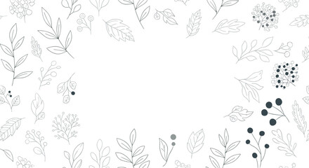 Fototapeta premium Elegant outline floral frame design featuring delicate leaves and berries creating a sophisticated border on a white background.