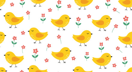 Adorable seamless pattern featuring cute yellow baby chicks and small red flowers scattered across a clean white background.