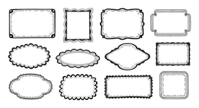Diverse set of twelve hand-drawn decorative frames with various scalloped edges and dotted line details for artistic design.