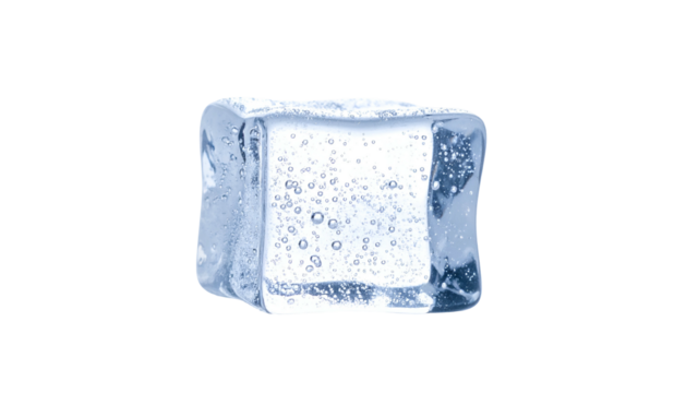 A single, translucent ice cube with air bubbles, isolated against a black background