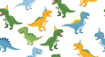 Lively seamless pattern featuring a variety of adorable cartoon dinosaurs in party hats like T-rexes and stegosauruses on a bright white background perfect for birthdays.