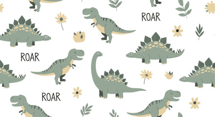 Fototapeta premium Dynamic seamless pattern featuring diverse cartoon dinosaurs including roaring T-rexes and gentle long-necks alongside delicate flowers and leaves on a clean white background.