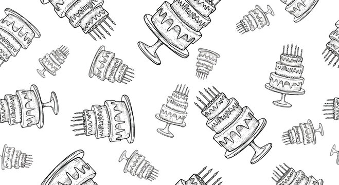 Elegant seamless pattern composed of hand-drawn tiered birthday cakes with lit candles in a classic grayscale style on a crisp white background ideal for celebrations. - Powered by Adobe