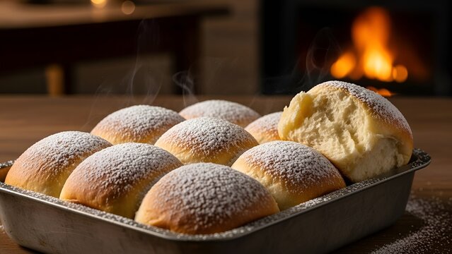 Sweet baked dinner rolls dusted with powdered sugar, arranged neatly in a baking pan with a warm cozy backdrop and realistic, inviting food texture