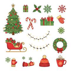 Christmas and Winter Holiday Icons Set with Tree, Gifts, Snowflakes, Wreath, Sleigh, and More Festive Elements