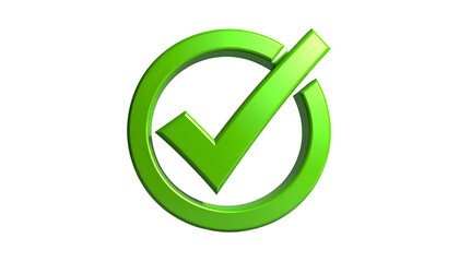 A 3D rendered green checkmark enclosed in a circle, set against a black background