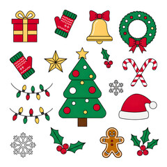 Colorful Christmas Holiday Icons Set with Gift, Tree, Santa Hat, Mittens, and Wreath on Black Background