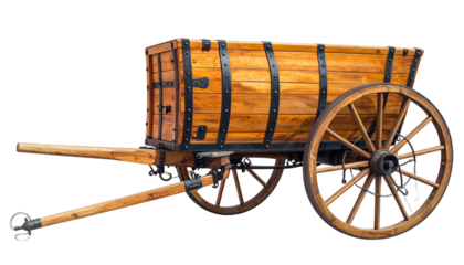 A wooden cart with a box-shaped bed, large spoked wheels, and a long, single tongue