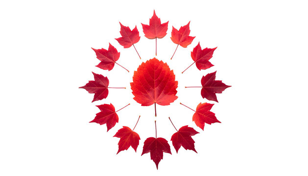 Red maple leaves arranged in a circular pattern around a single central leaf against black