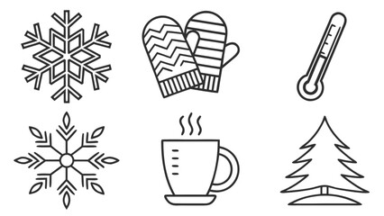 Winter season vector icons set snowflake mittens thermometer coffee tree cold weather outline design elements