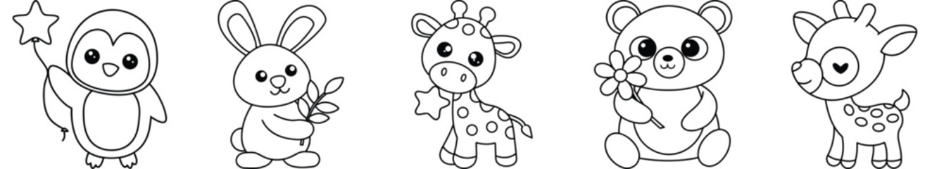 Fototapeta premium Cute Animals Coloring Page Set for Kids: Penguin, Bunny, Giraffe, Panda, Deer