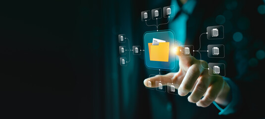 Digital file management system concept with businessman using virtual folder network interface to organize data, AI agent data tools for cloud storage, document sharing, secure information structure