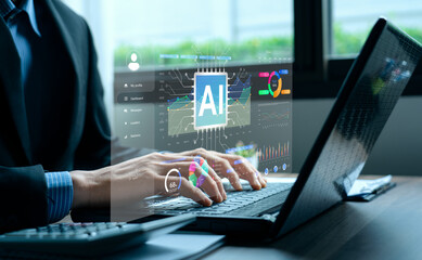 Artificial intelligence analyzing predictive data trends and forecasting business performance through futuristic digital analytics dashboard with advanced visualization and innovation technology