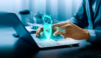 AI assistant helping business concept showing person using laptop with artificial intelligence interface for data analysis, automation, and productivity improvement in modern digital technology