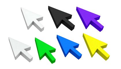 3D computer cursors in multiple colors, arranged in two rows against a black background