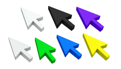 3D computer cursors in multiple colors, arranged in two rows against a black background