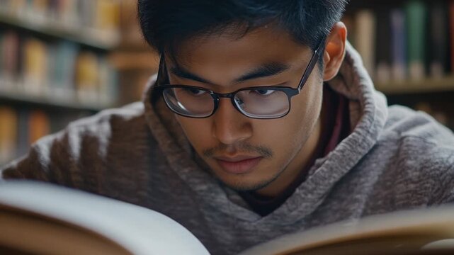 Student focused on textbook, engrossed in reading.