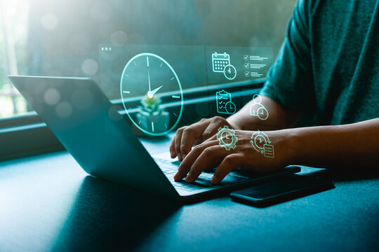 Time management and productivity concept with person typing on laptop surrounded by digital clock, calendar, checklist, workflow icons, symbolizing task scheduling, efficiency, effective organization