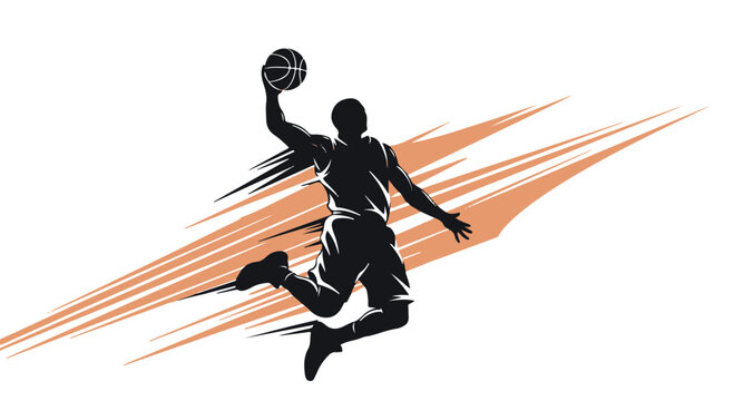 Stylized vector illustration of a basketball player jumping and dunking a ball for sports branding. isolated PNG with Transparent Background