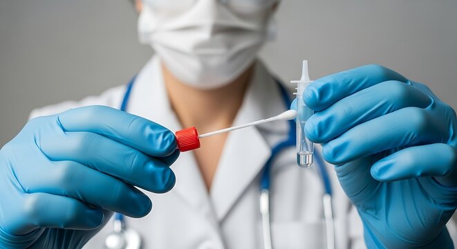 Healthcare worker in mask and gloves prepares a nasal swab sample for a diagnostic test, likely for covid19 or flu Background image