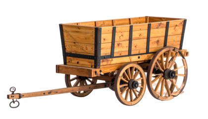 Wooden cart, with large wheels and a long wooden tongue, isolated on a black background