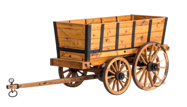 Wooden cart, with large wheels and a long wooden tongue, isolated on a black background