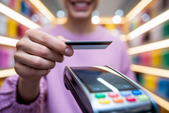 Woman tapping credit or debit card on payment terminal. Contactless transaction in store