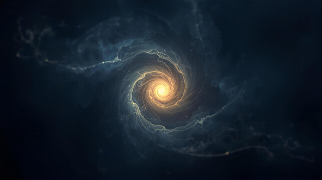 A mesmerizing celestial spiral of swirling cosmic dust and radiant, golden light emanating from the center.