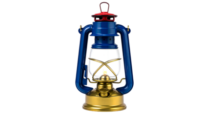 A classic kerosene lantern in blue, red, and gold with a glowing wick and glass enclosure