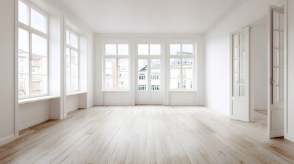 Obraz premium Bright airy room empty warm flooring off white wall optical balance