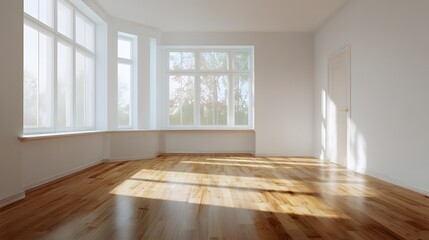 Obraz premium Bright airy room empty warm flooring off white wall optical balance