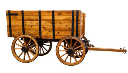 Wooden cart with two wheels, black metal bands, and a long tongue, isolated on black