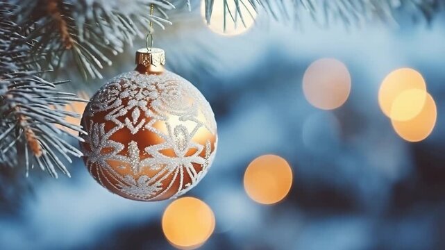 Beautiful Christmas ornament hanging on tree branch with snowfall background close up 