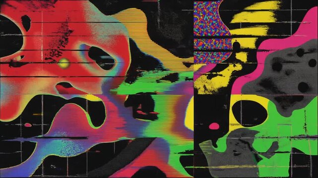 Abstract postmodern maximalist collage blending organic textures with digital glitch distortion and acid colors on a rigid grid for chaotic motion graphics.